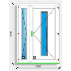 150x210 befelé nyíló kétszárnyú aszimmetrikus bejárati ajtó főszárnyban üvegezett panelos Deceuninck Vision 76